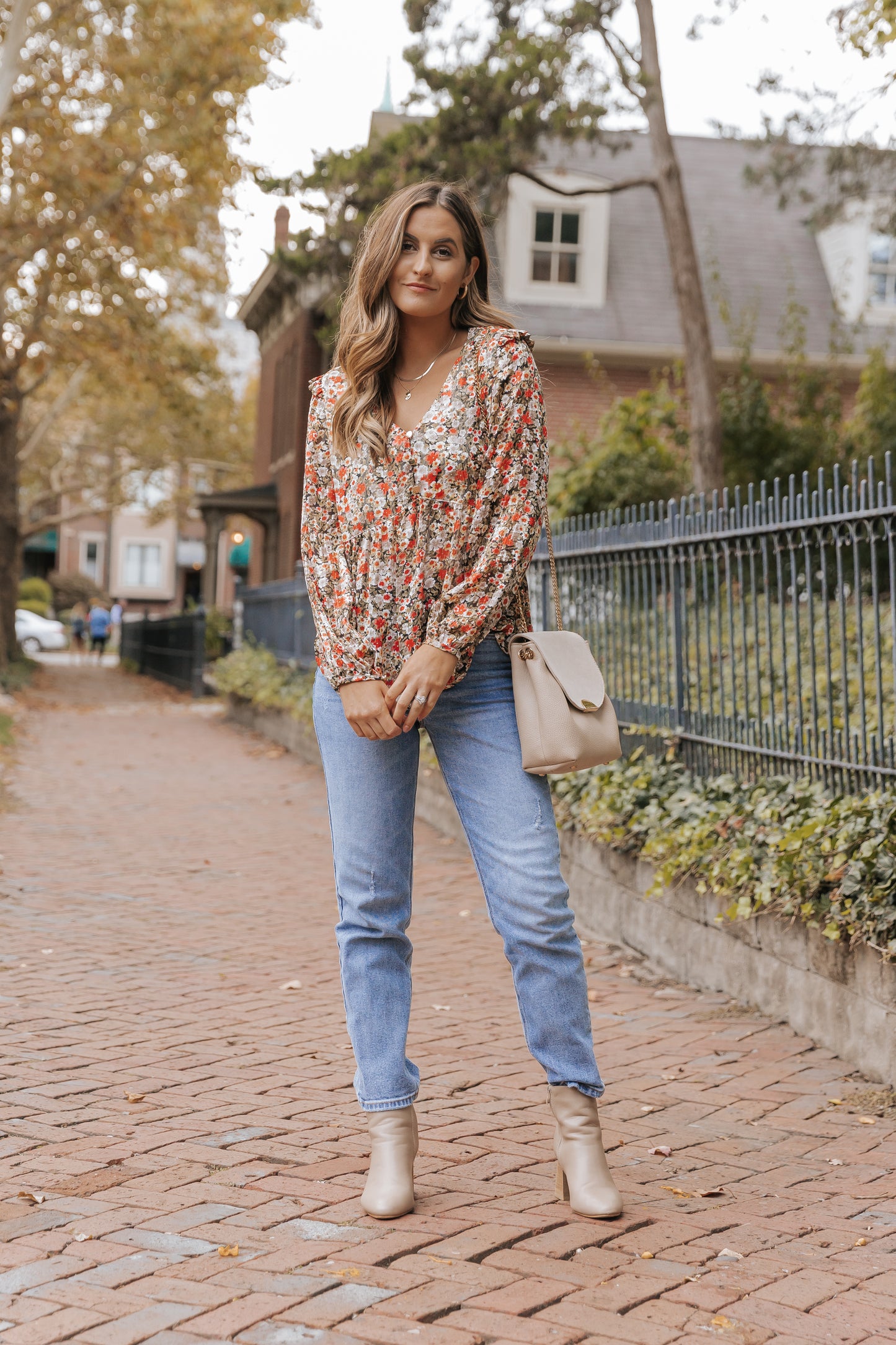 Khaki V Neck Ruffled Babydoll Floral Blouse