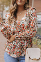 Khaki V Neck Ruffled Babydoll Floral Blouse