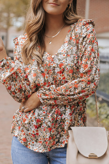 Khaki V Neck Ruffled Babydoll Floral Blouse
