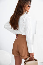 White Floral Lace Splicing Eyelet Long Sleeve Top