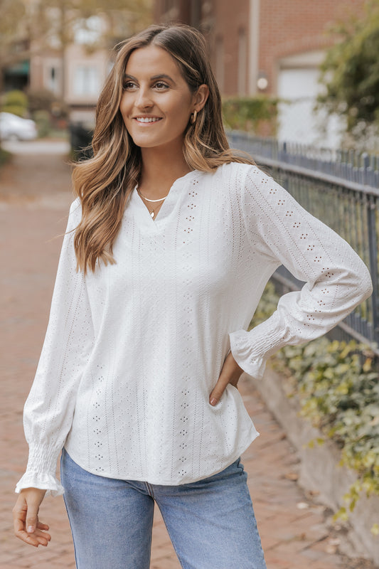 White Split Neck Textured Loose Blouse
