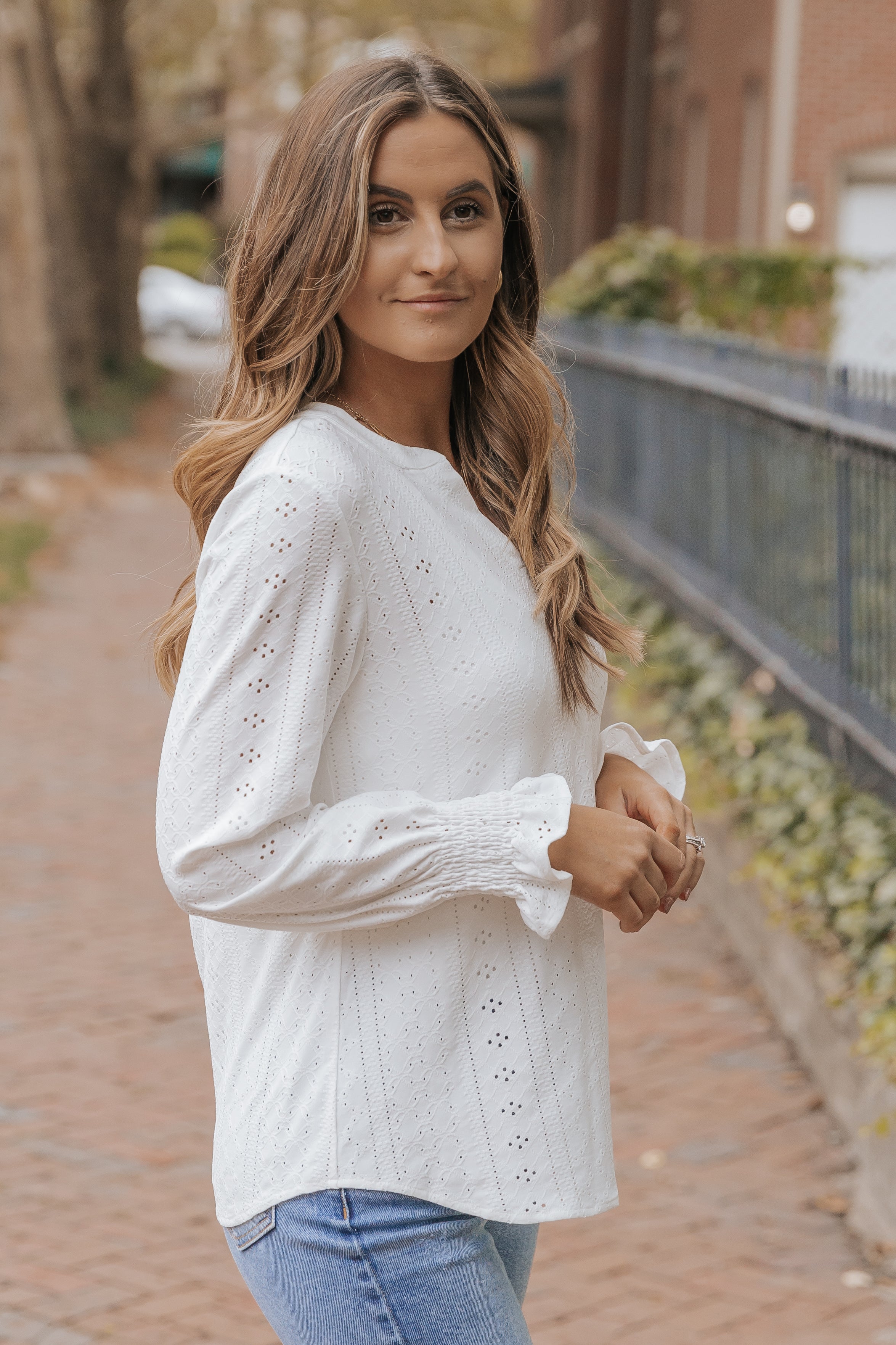 White Split Neck Textured Loose Blouse