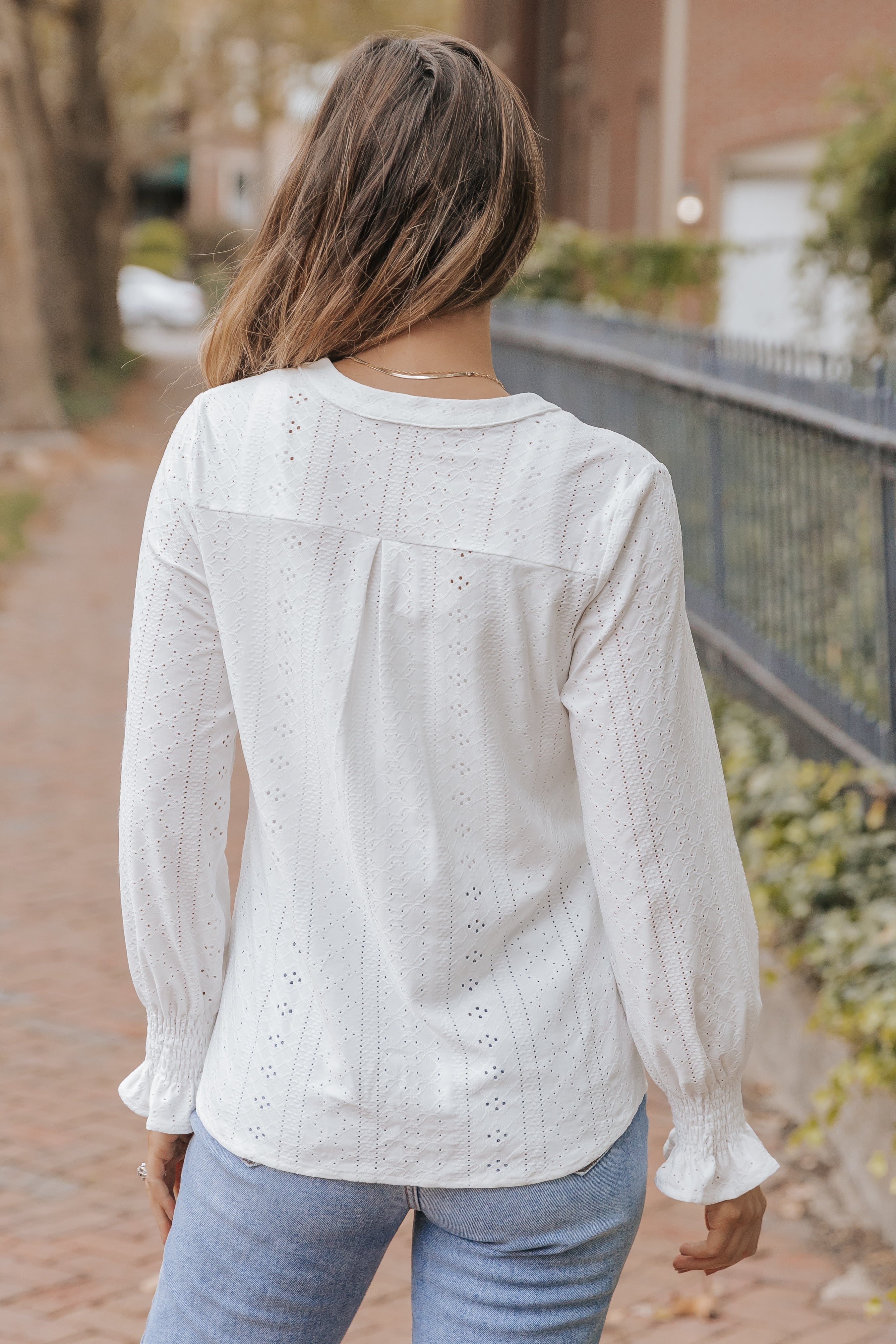 White Split Neck Textured Loose Blouse