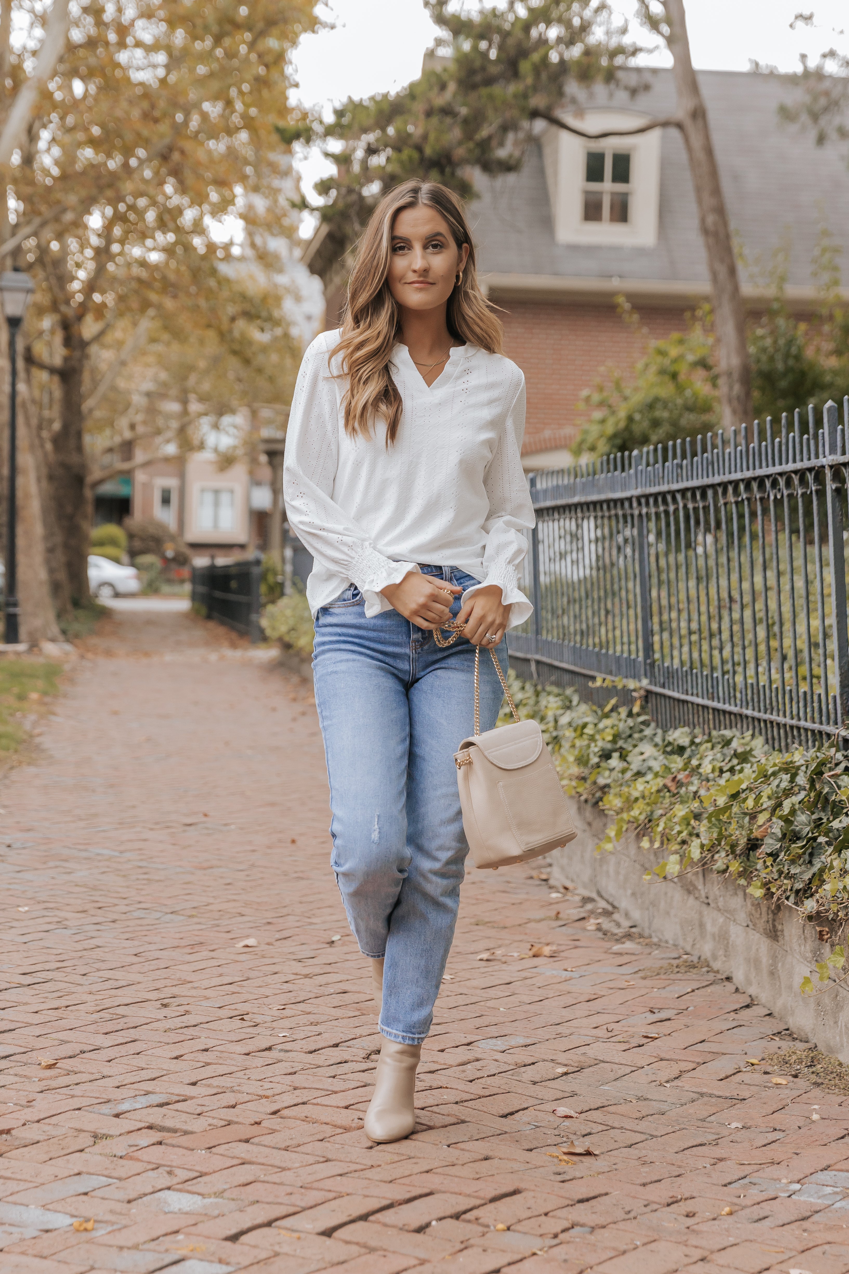 White Split Neck Textured Loose Blouse