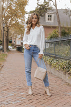 White Split Neck Textured Loose Blouse