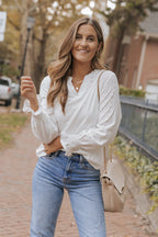 White Split Neck Textured Loose Blouse