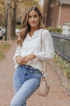 White Split Neck Textured Loose Blouse
