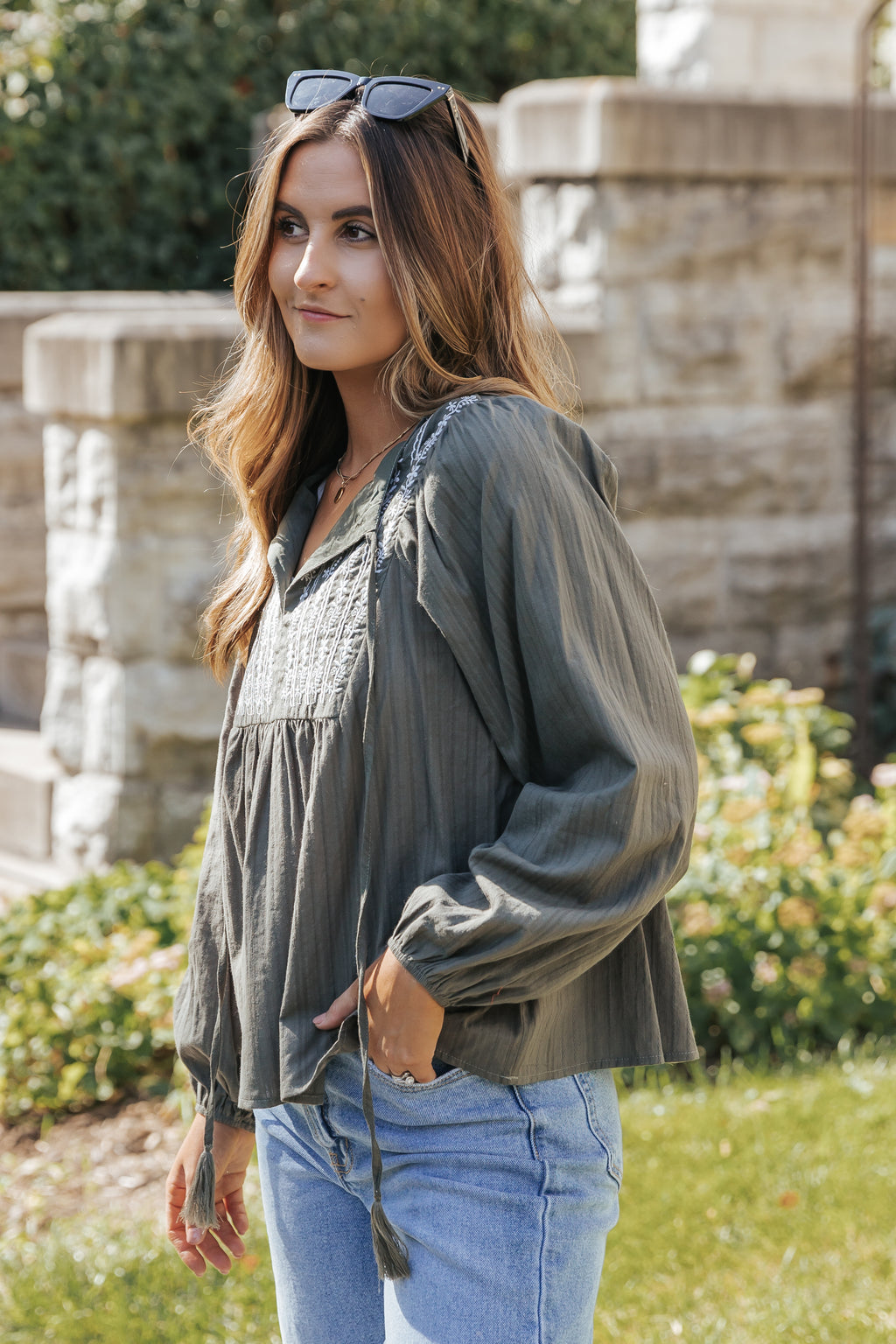 Green Embroidered Split Neck Pleated Loose Blouse