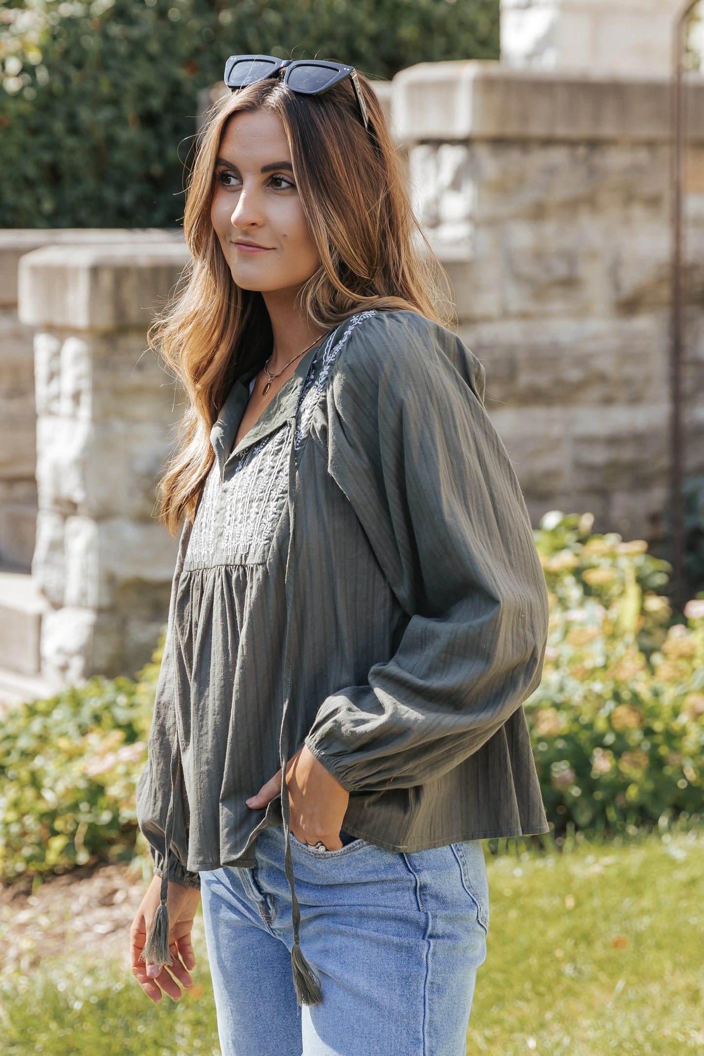 Green Embroidered Split Neck Pleated Loose Blouse