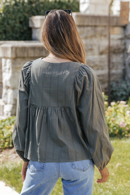 Green Embroidered Split Neck Pleated Loose Blouse