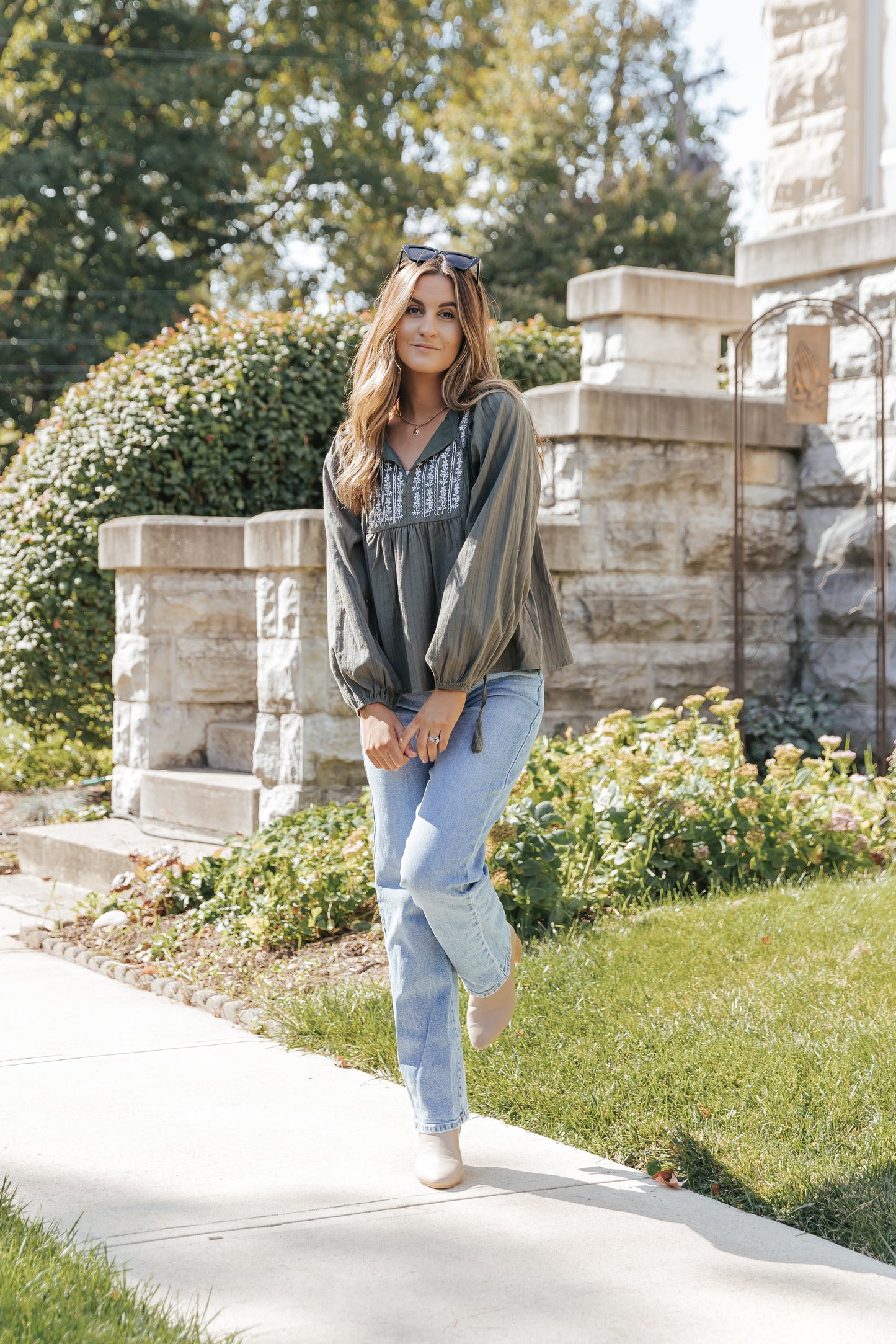 Green Embroidered Split Neck Pleated Loose Blouse