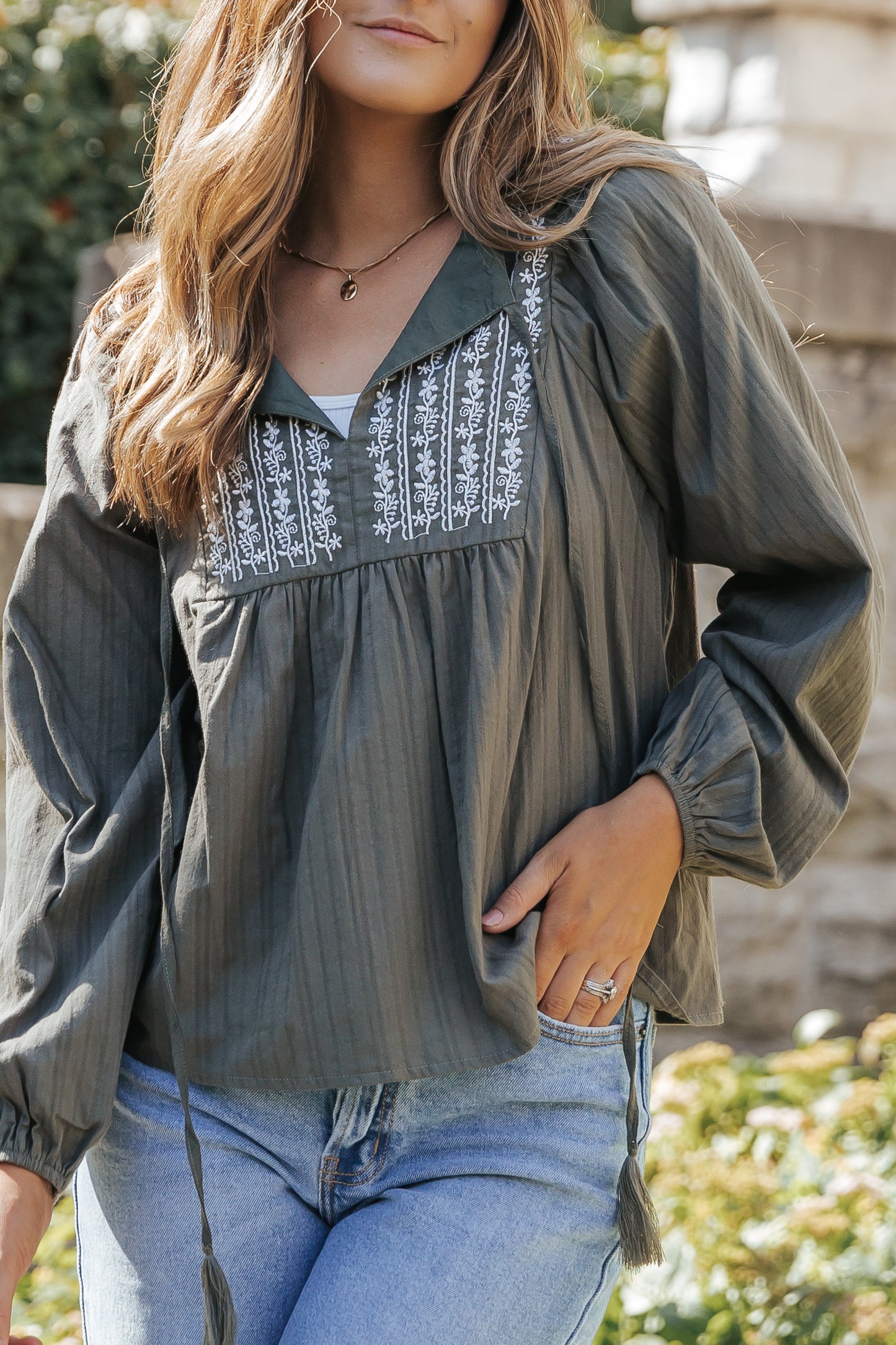 Green Embroidered Split Neck Pleated Loose Blouse