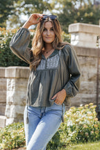 Green Embroidered Split Neck Pleated Loose Blouse