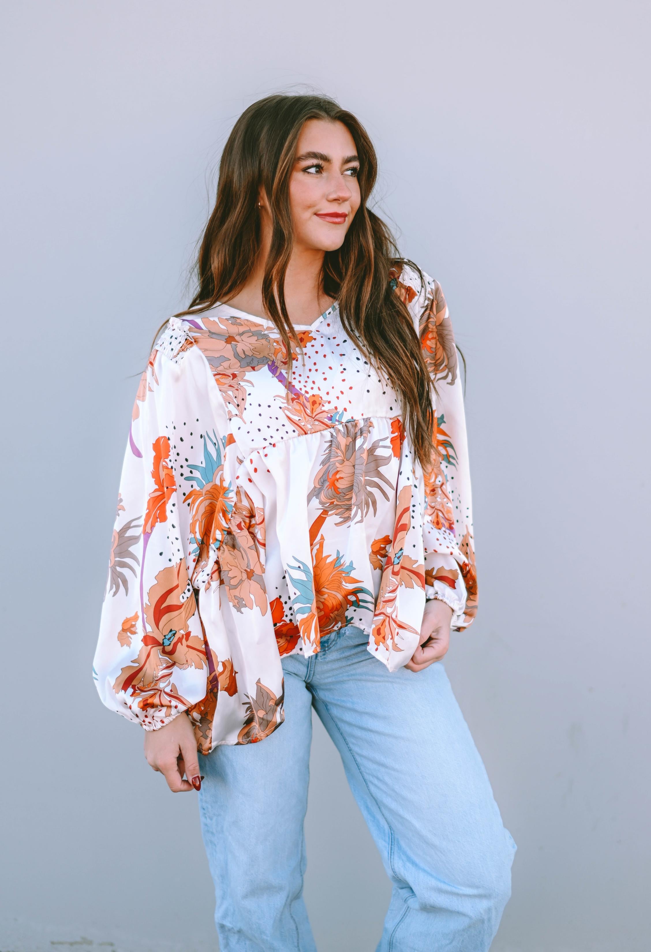Multicolour Floral Print V Neck Babydoll Blouse