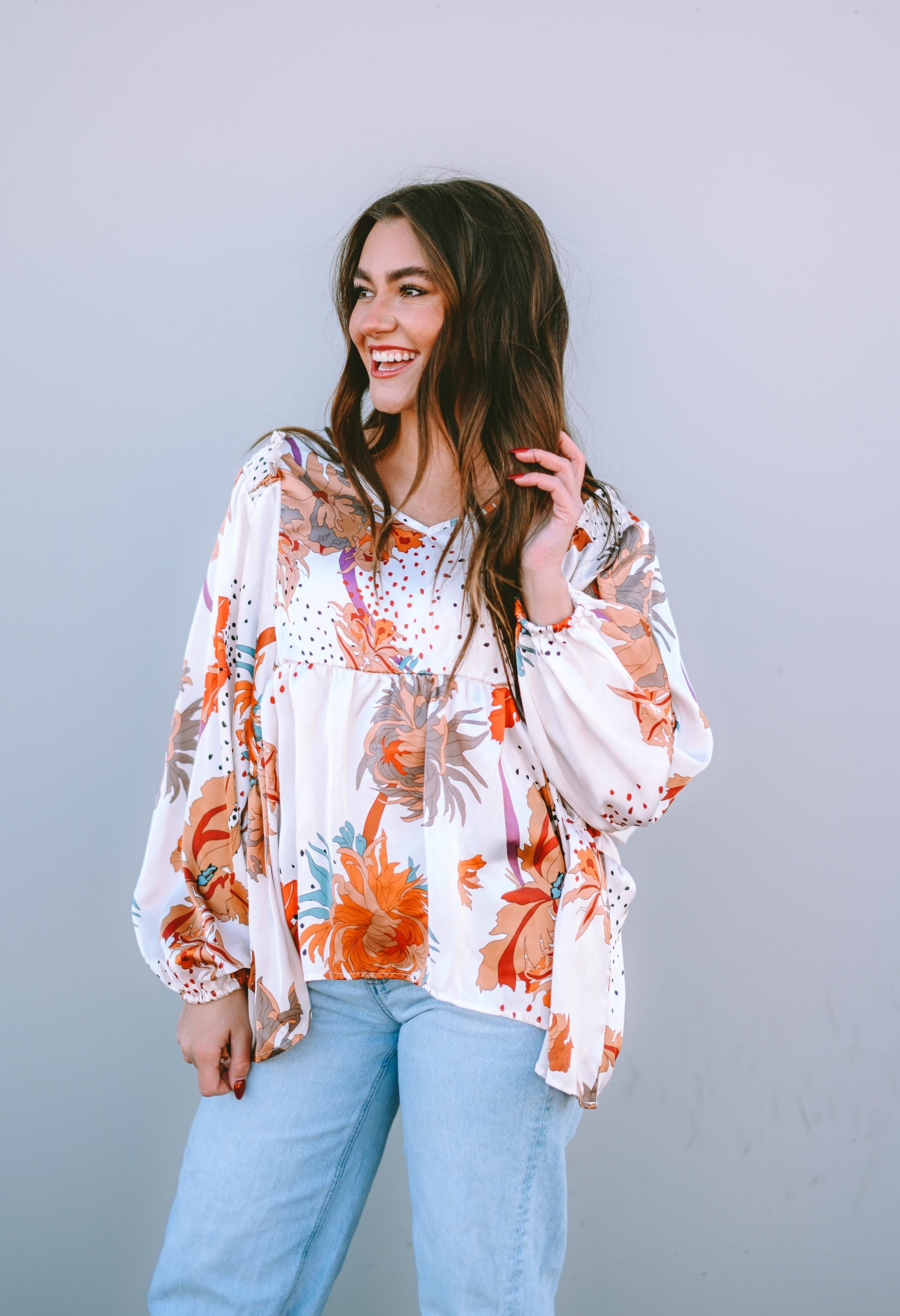 Multicolour Floral Print V Neck Babydoll Blouse