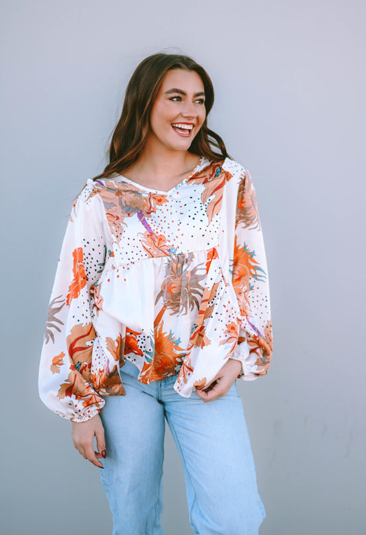 Multicolour Floral Print V Neck Babydoll Blouse