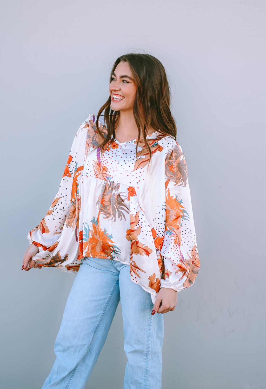 Multicolour Floral Print V Neck Babydoll Blouse