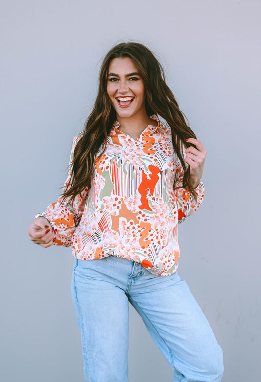 Orange Printed Split V Neck Puff Sleeve Blouse