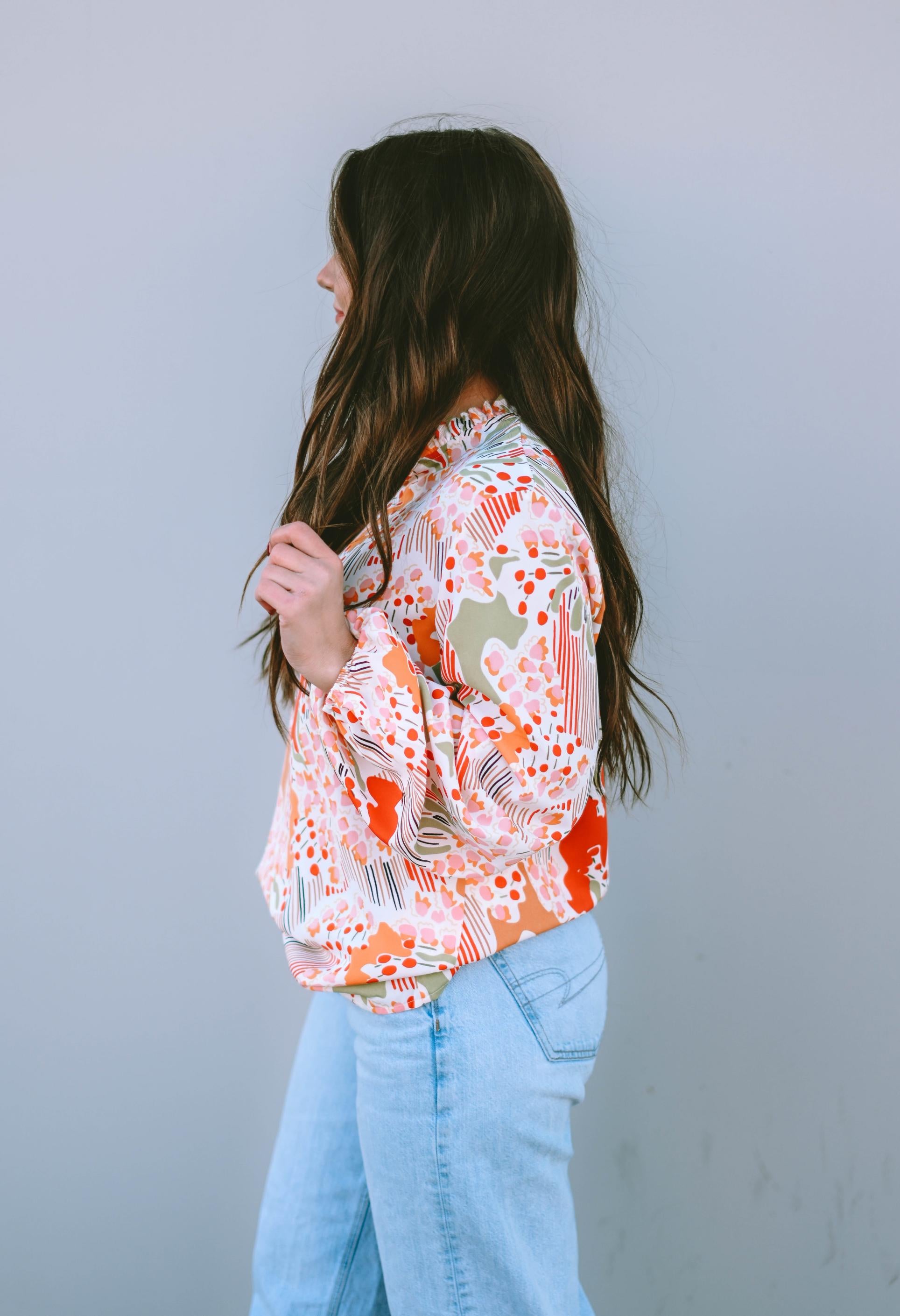 Orange Printed Split V Neck Puff Sleeve Blouse
