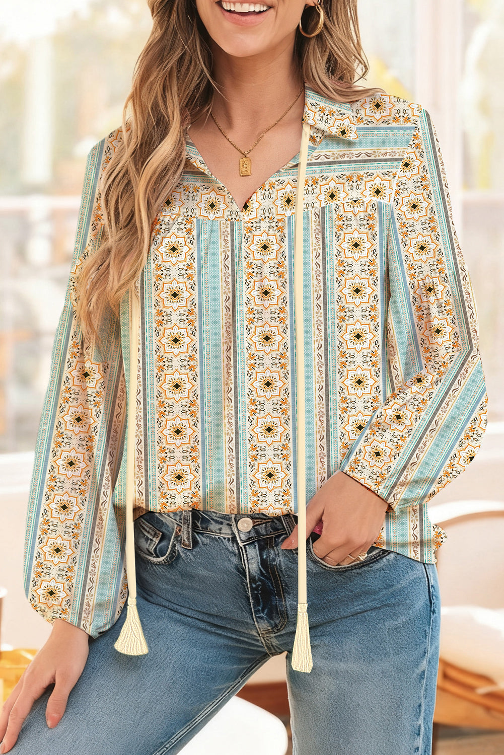 Yellow Boho Floral Print Collared Puff Sleeve Relaxed Blouse