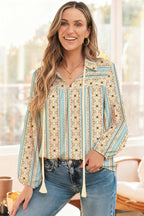 Yellow Boho Floral Print Collared Puff Sleeve Relaxed Blouse