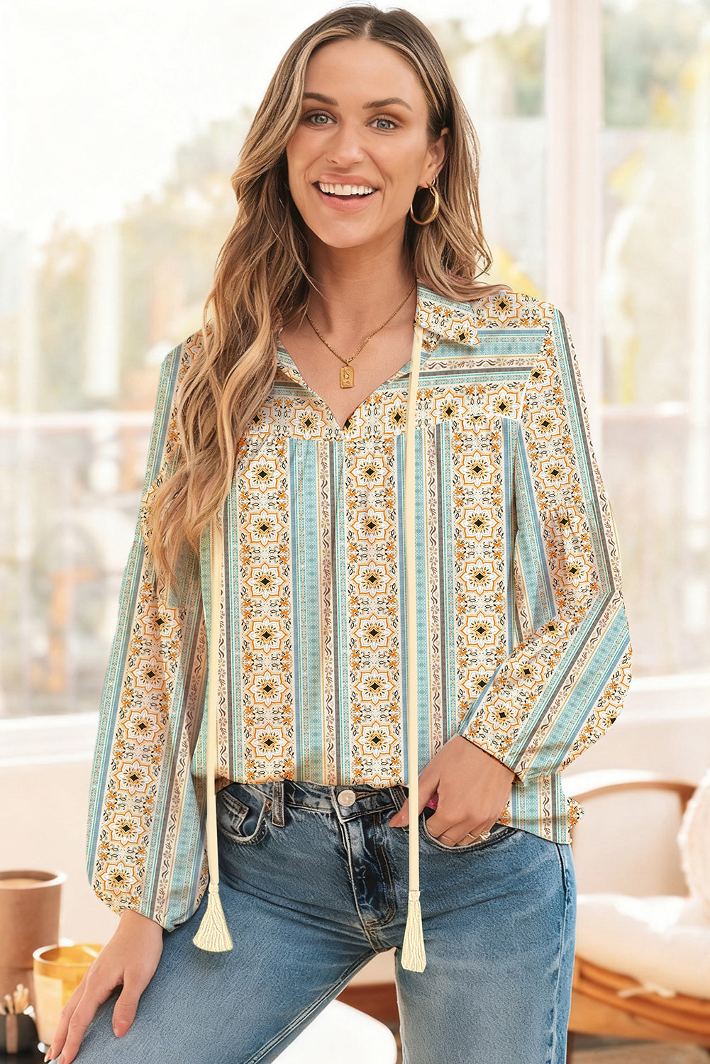 Yellow Boho Floral Print Collared Puff Sleeve Relaxed Blouse