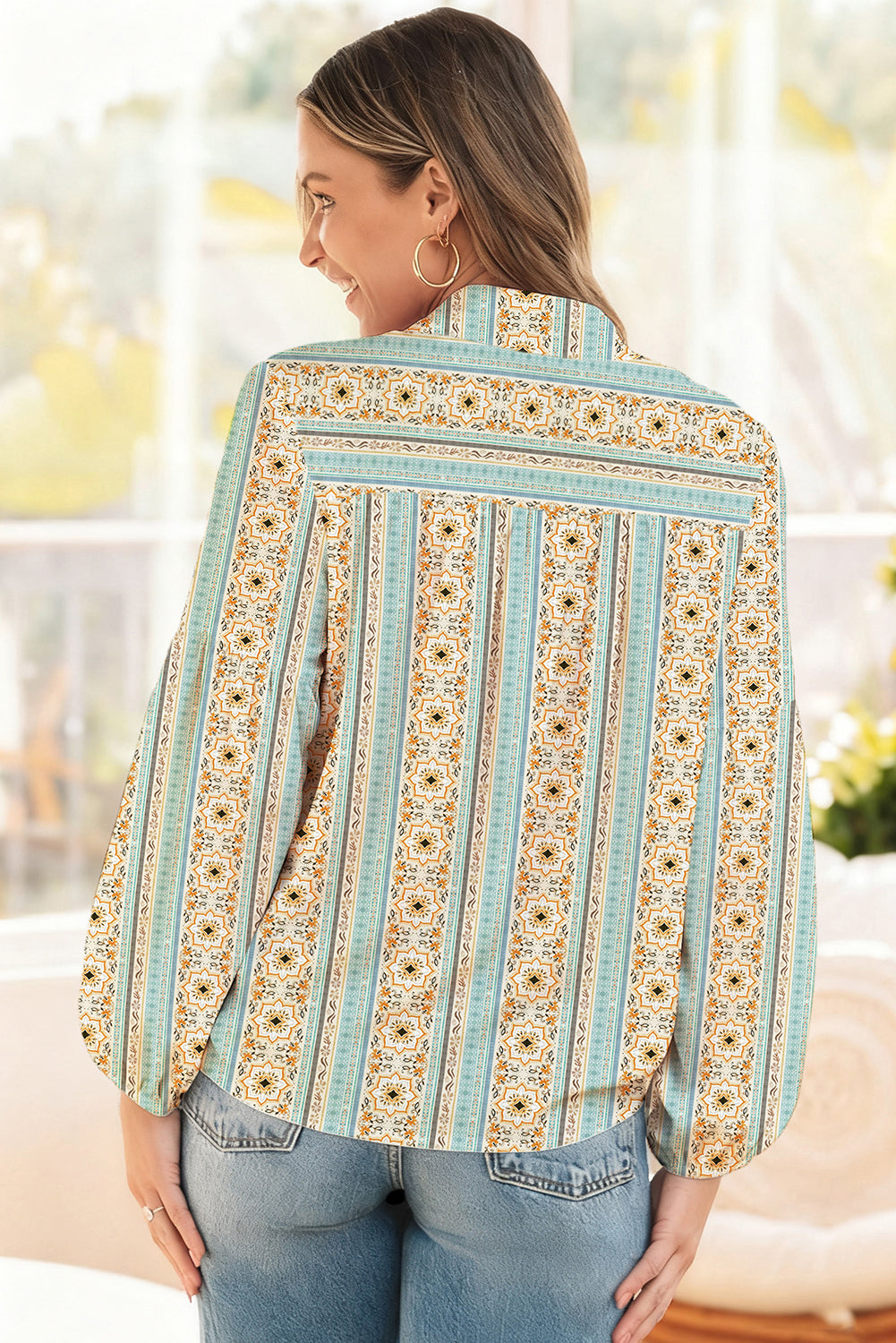 Yellow Boho Floral Print Collared Puff Sleeve Relaxed Blouse