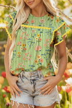 Green Stripe Floral Printed Scalloped Detail Ruffle Short Sleeve Blouse