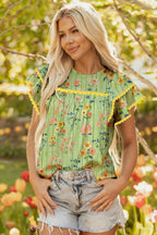 Green Stripe Floral Printed Scalloped Detail Ruffle Short Sleeve Blouse