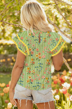 Green Stripe Floral Printed Scalloped Detail Ruffle Short Sleeve Blouse