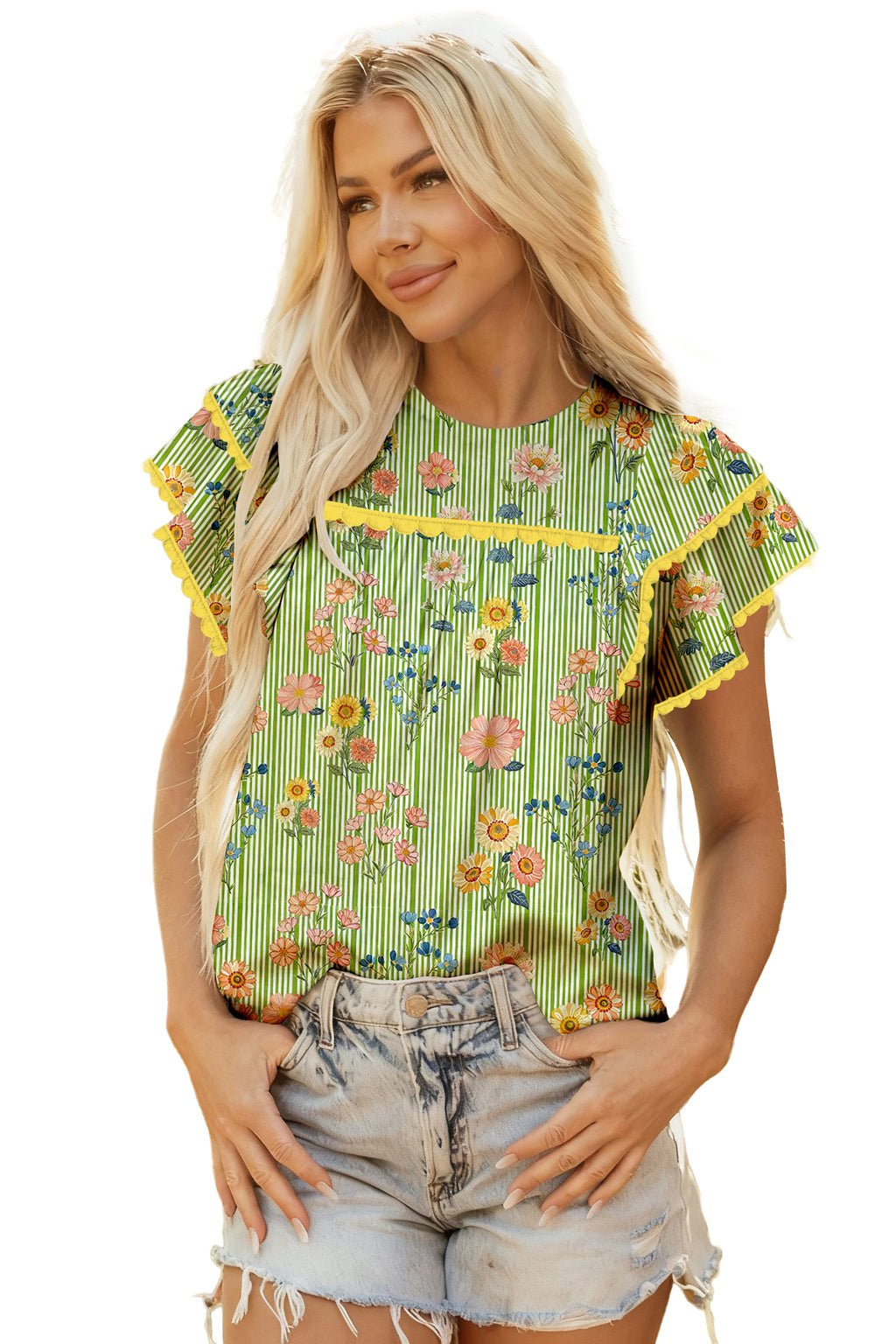 Green Stripe Floral Printed Scalloped Detail Ruffle Short Sleeve Blouse