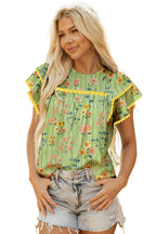 Green Stripe Floral Printed Scalloped Detail Ruffle Short Sleeve Blouse