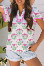 Apricot Ricrac Trim Tiered Short Sleeve Flower Blouse