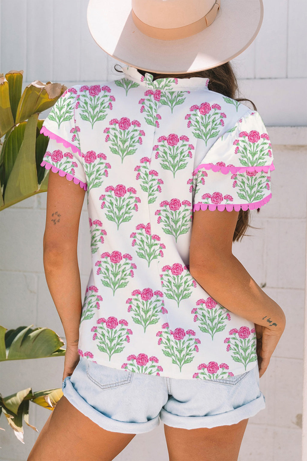 Apricot Ricrac Trim Tiered Short Sleeve Flower Blouse