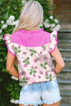 Pink Striped Strawberry Printed Color Block Patchwork V Neck Flutter Sleeve Blouse