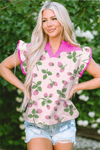 Pink Striped Strawberry Printed Color Block Patchwork V Neck Flutter Sleeve Blouse