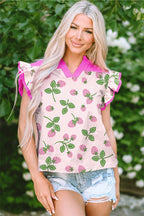 Pink Striped Strawberry Printed Color Block Patchwork V Neck Flutter Sleeve Blouse
