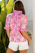 Pink Poppy Flower Striped Print Color Block Trim V Neck Short Sleeve Blouse