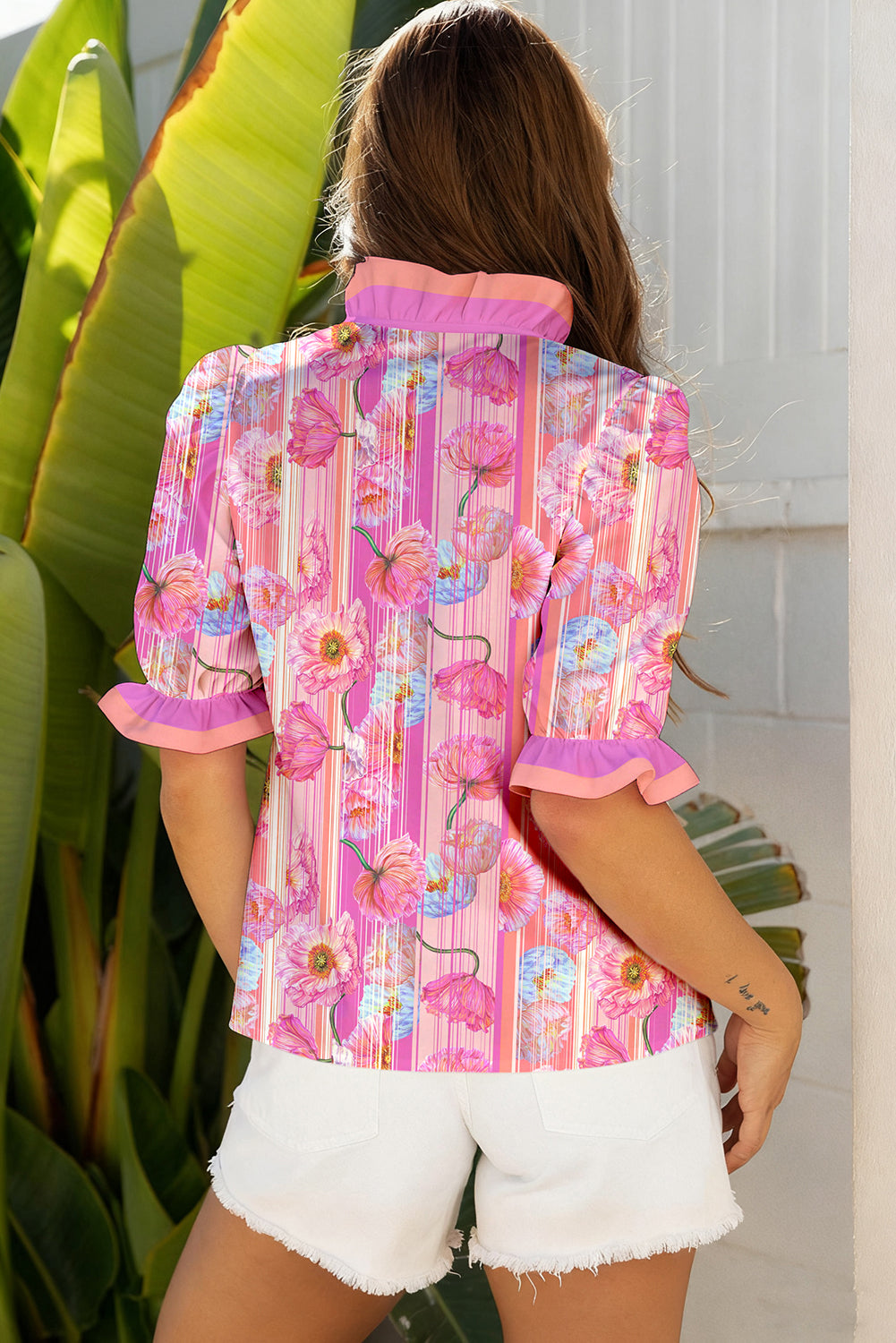 Pink Poppy Flower Striped Print Color Block Trim V Neck Short Sleeve Blouse