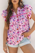 Pink Cute Rose Flower Printed Contrast Wavy Detail Ruffle Short Sleeve Blouse