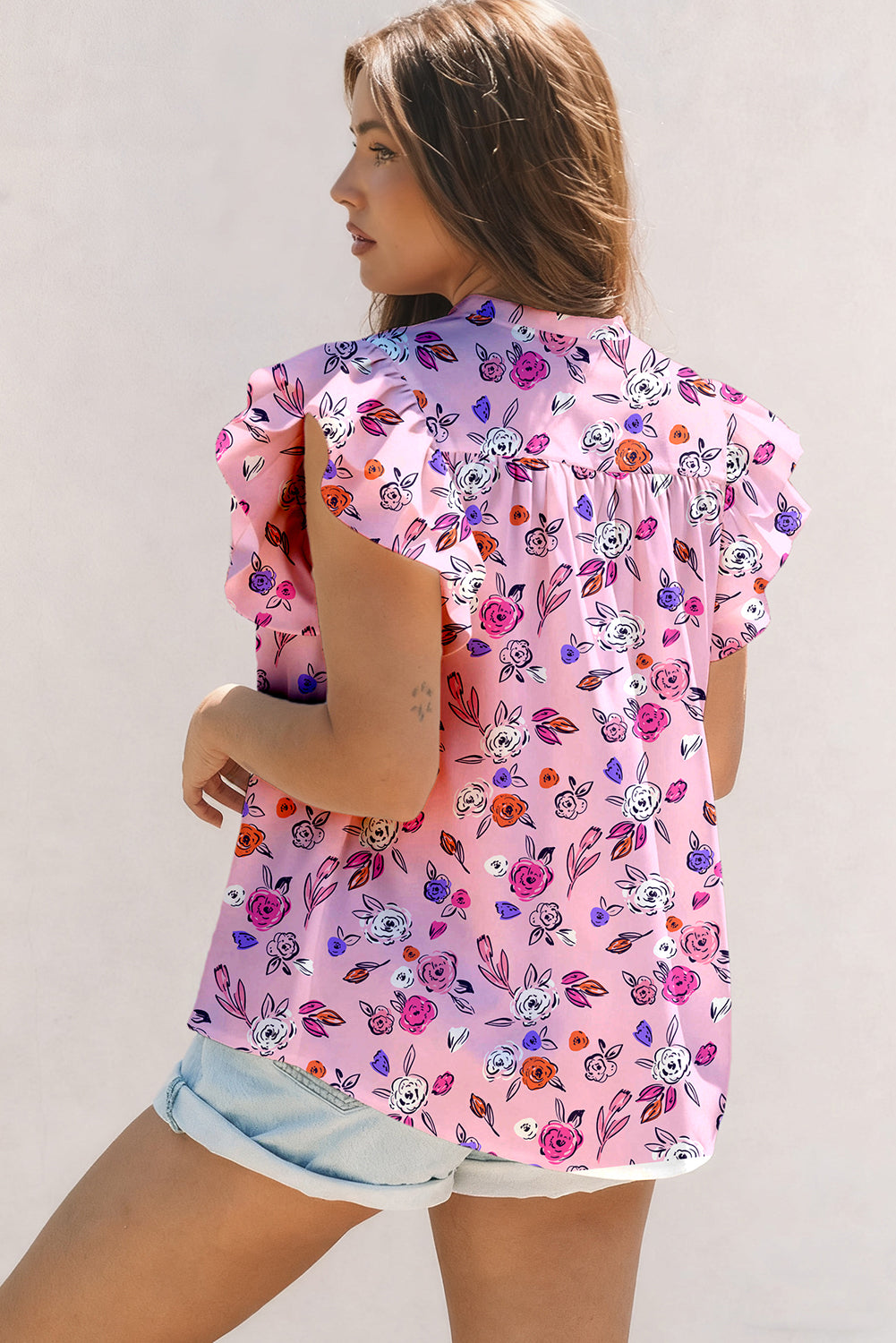 Pink Cute Rose Flower Printed Contrast Wavy Detail Ruffle Short Sleeve Blouse