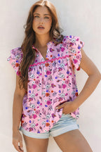 Pink Cute Rose Flower Printed Contrast Wavy Detail Ruffle Short Sleeve Blouse