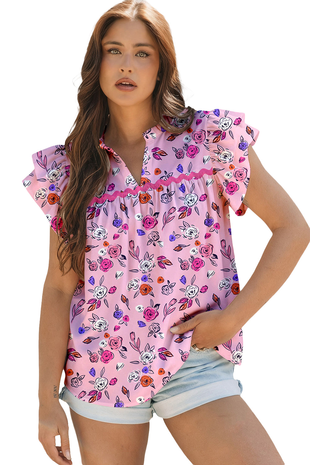 Pink Cute Rose Flower Printed Contrast Wavy Detail Ruffle Short Sleeve Blouse