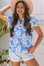 Sky Blue Oceanic Floral Print Scalloped Trim V Neck Short Sleeve Blouse