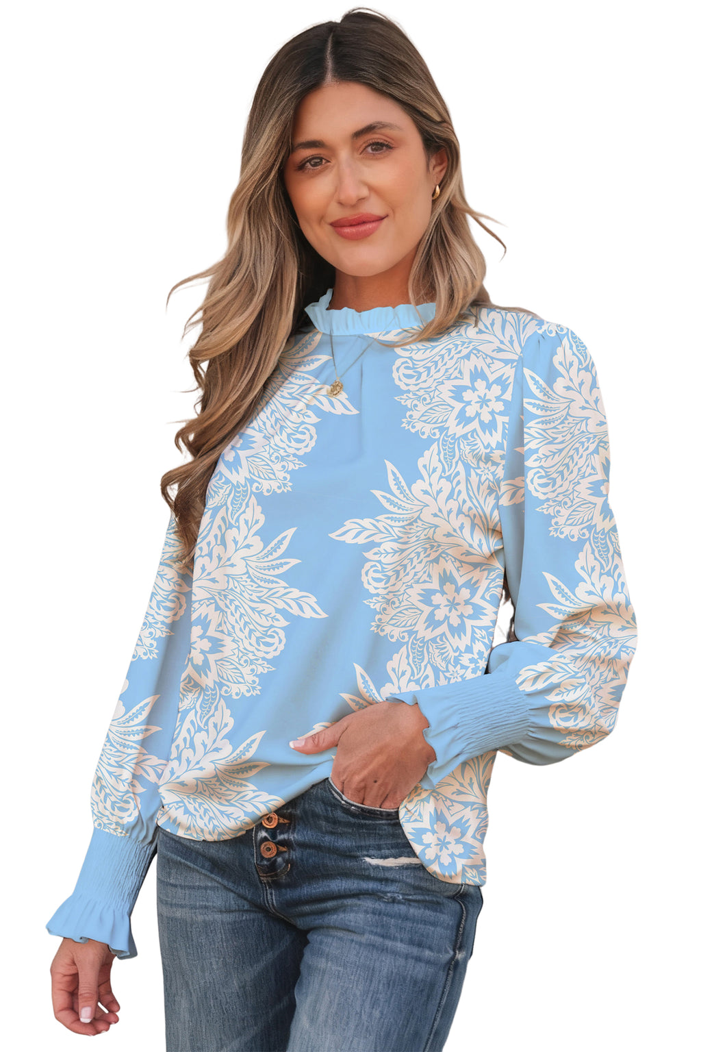 Sky Blue Ruffled Collar Puff Sleeve Flower Blouse
