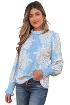 Sky Blue Ruffled Collar Puff Sleeve Flower Blouse