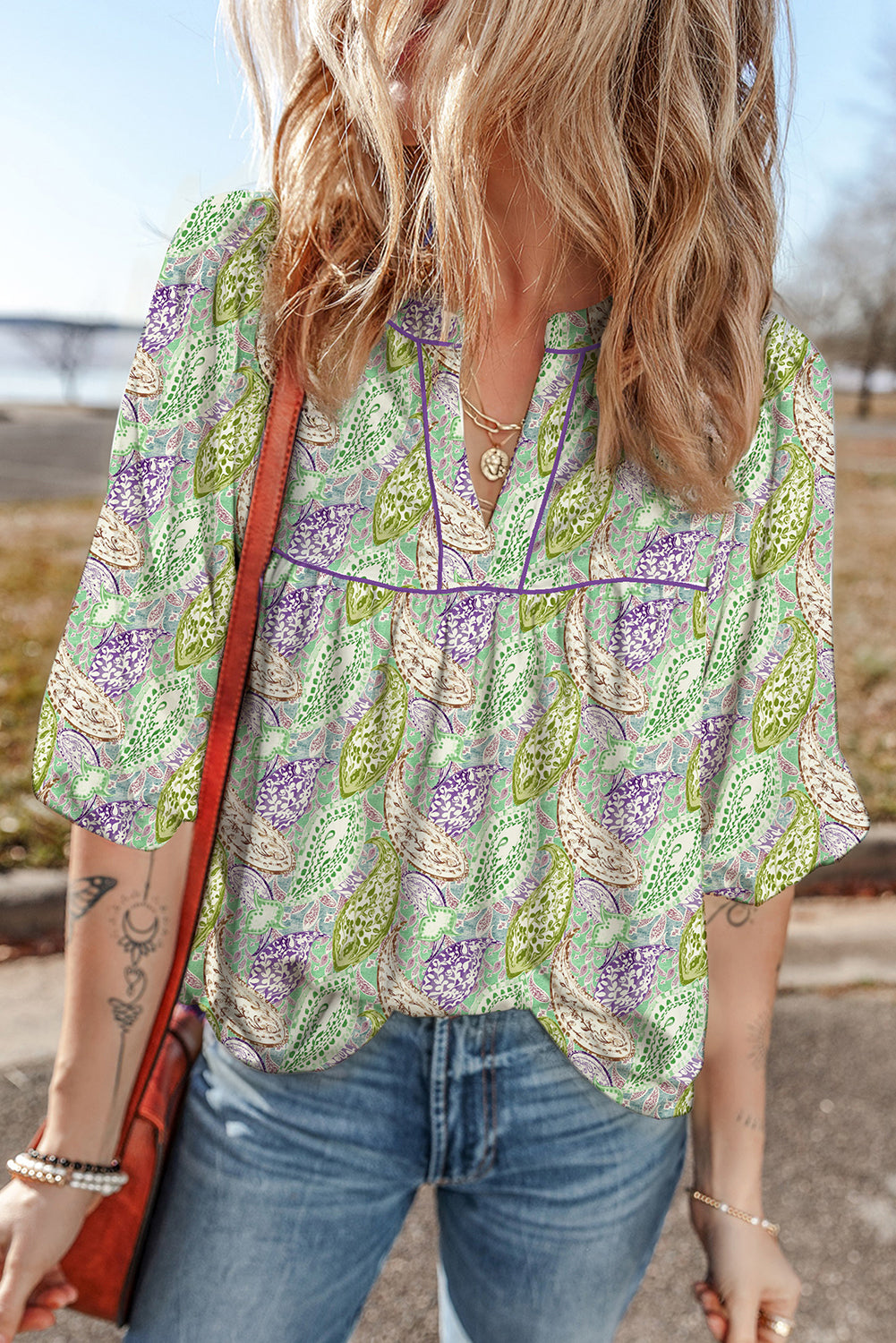 Green Boho Paisley Print Half Puff Sleeve Blouse