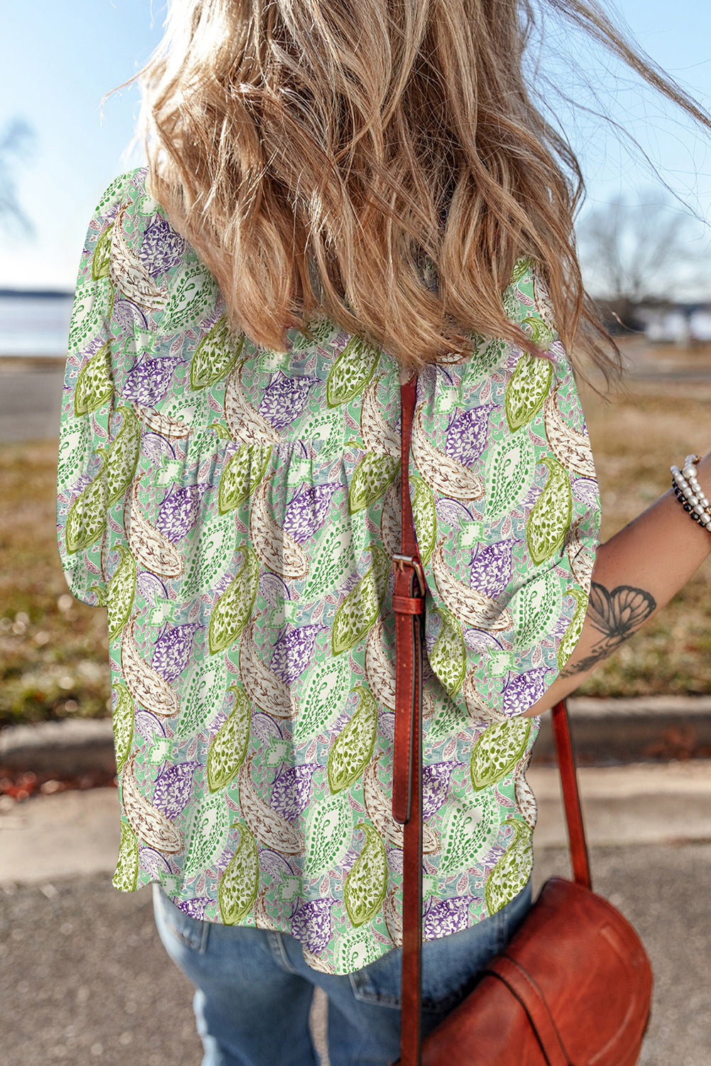 Green Boho Paisley Print Half Puff Sleeve Blouse