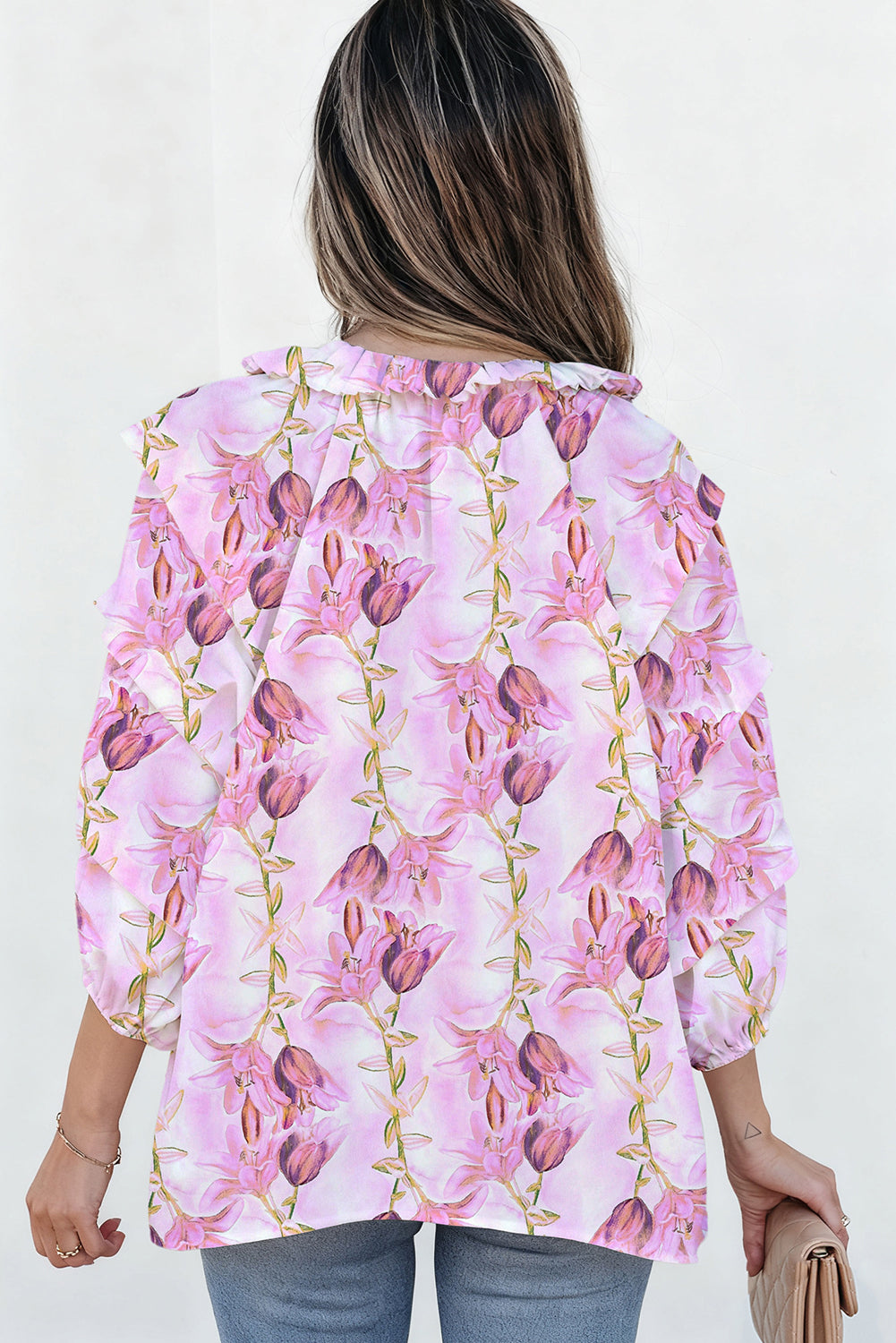 Pink Dainty Floral Print Tie Split Neck Bracelet Sleeve Blouse