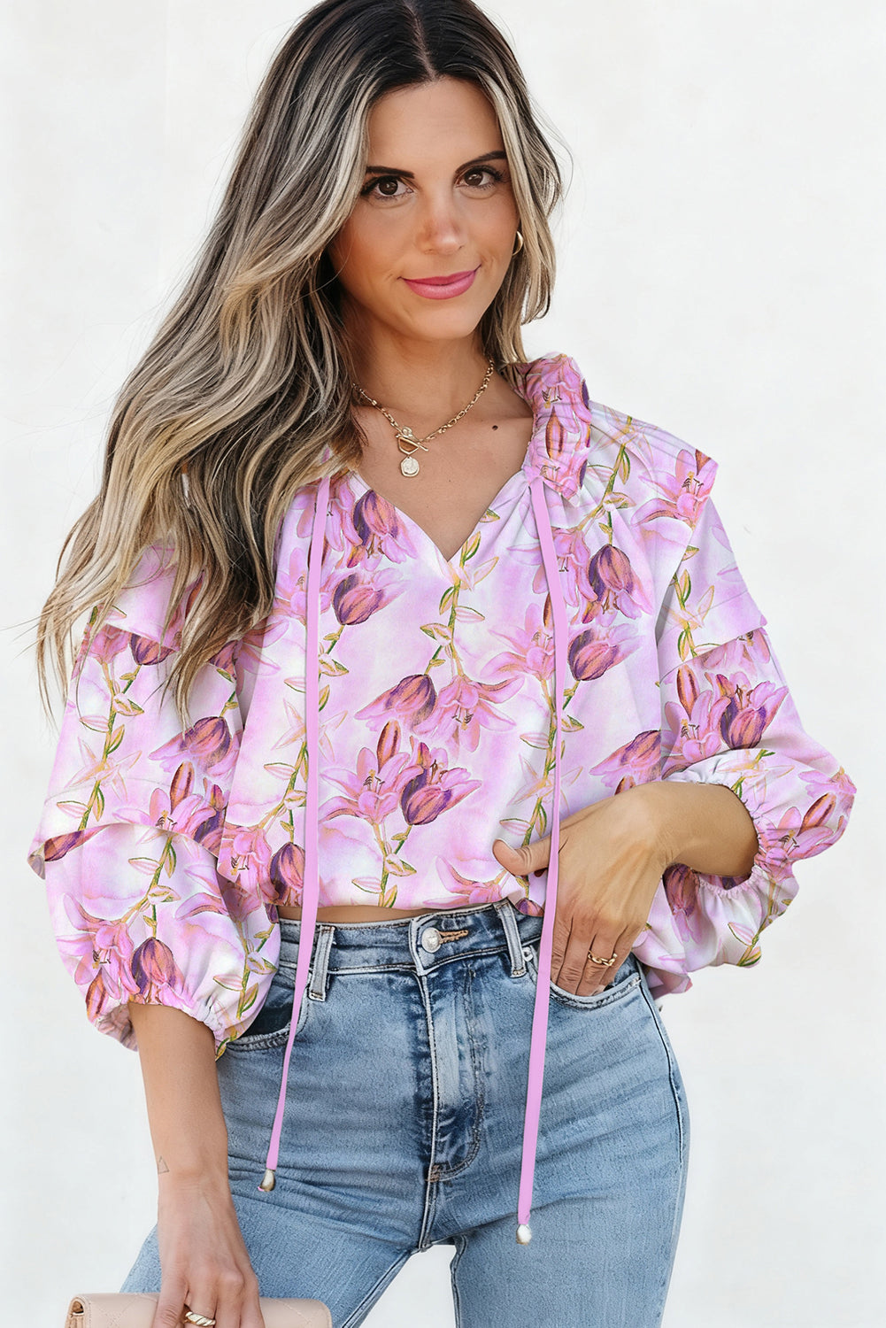 Pink Dainty Floral Print Tie Split Neck Bracelet Sleeve Blouse